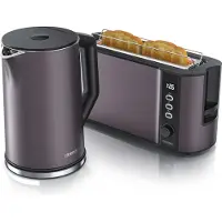 Arendo Frühstücksset, Wasserkocher mit Temperatureinstellung, Edelstahl, 2200W, 1,5L + Toaster 2 Scheiben, Langschlitztoaster 2 Scheiben, Langschlitz, 1000W, Vulkangrau