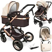 Kiduku Kinderwagen Komplettset, Kombikinderwagen Set inkl. Babywanne Buggy Auto-Babyschale Fußsack, Voll-Gummireifen Wickeltasche Regenschutz Kindertisch (Beige/Braun)