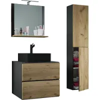 VCM 4-tlg. Waschplatz Waschtisch | schwarzes Waschbecken Unterschrank Breite 60 cm | Badmöbel Set mit Schubladen Drehtüren Spiegel | Lendas S BL