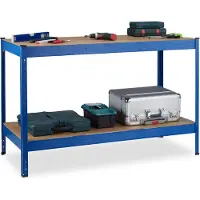 Relaxdays Werkbank, 2 verstellbare Ebenen, HxBxT: 90,5x141x61 cm, Stecksystem, Arbeitstisch für Werkstatt, Stahl, blau