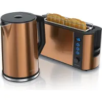 Arendo Frühstücksset, Wasserkocher mit Temperatureinstellung, Edelstahl, 2200W, 1,5L + Toaster 2 Scheiben, Langschlitztoaster 2 Scheiben, Langschlitz, 1000W, Kupfer