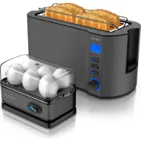 Arendo Frühstücks-Set, 6er Eierkocher SIXCOOK, Langschlitztoaster 4-Scheiben, Grau