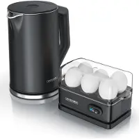 Arendo Frühstücks-Set Edelstahl Wasserkocher 1,5l, 6er Eierkocher, Schwarz