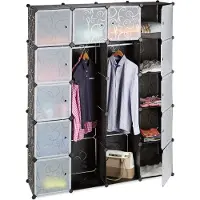 Relaxdays Kleiderschrank Stecksystem mit 2 Kleiderstangen, Garderobe mit 14 Fächer, Kunststoff Regalsystem, schwarz