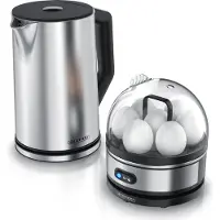 Arendo 2-teiliges Frühstücksset, 7er Eierkocher SEVENCOOK, Edelstahl Wasserkocher 1,5L, Silber