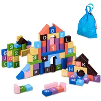 Relaxdays Bausteine, 108-tlg. Bauklötze Set mit Tasche, Buchstaben, Zahlen, Holzbausteine für Kinder ab 3 Jahren, bunt