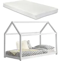 En.casa [] Kinderbett mit Matratze 90x200cm Weiß Haus-Design Kiefernholz Bett Holzbett Hausbett Kaltschaummatratze Standard 100 Allergikergeeignet Atmungsaktiv