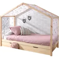 Vipack Hausbett Dallas 3 90x200 mit Bettkasten und Voile mit Schmetterlingsmuster - kieferholz/rosa