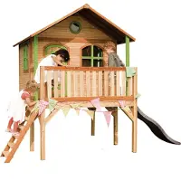 Axi Spielhaus Sophie mit grauer Rutsche | Stelzenhaus in Braun & Grün aus FSC Holz für Kinder | Spielturm mit Wellenrutsche für den Garten