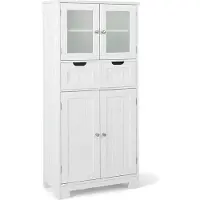 Costway Badschrank mit 2 Schubladen und 4 Türen, Badezimmerschrank mit verstellbaren Regalen, Badkommode Aufbewahrungsschrank für Badezimmer, Küche, Wohnzimmer, weiß