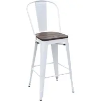MCW Barhocker MCW-A73 inkl. Holz-Sitzfläche, Barstuhl Tresenhocker mit Lehne, Metall Industriedesign weiß
