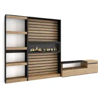 Skraut Home Wohnwand Wohnzimmer, 320x35x186cm, Elektrokamin XXL. Eiche und Schwarz