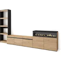 Skraut Home Wohnwand Wohnzimmer, 310x35x186cm, Für TV-Geräte bis zu 65", Elektrokamin, Eiche und Schwarz