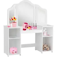 Costway 2 in 1 Kinder Schminktisch Schreibtisch mit abnehmbarem Spiegel, Frisiertisch Mädchen mit offenen Fächern, Frisierkommode Holz, Schminkkommode weiß