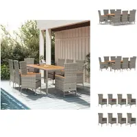 vidaXL 9-tlg. Garten-Essgruppe mit Kissen Grau Poly Rattan - Gartenstühle