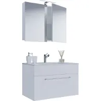 VCM 3-tlg. Waschplatz Waschtisch | Waschbecken Unterschrank Breite 80 cm | Badmöbel Set hängend mit einer Schublade Spiegelschrank | Badinos