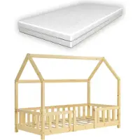 En.casa Kinderbett ’Sisimiut’ in Haus-Optik mit Matratze und Rausfallschutz Kiefernholz 70 x 140 cm Holzfarben