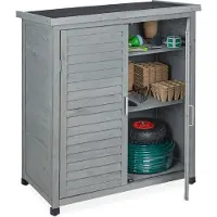 Relaxdays Gartenschrank, 3 Fächer, Flachdach mit Neigung, Doppeltür, HBT: 97 x 86,5 x 47 cm, Werkzeugschrank, Holz, grau