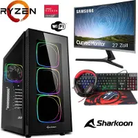 MEG-BAR Gaming Komplett Set - Ryzen 5 5600G 6x4,4GHz - 16GB RAM - Radeon Graphics - 27"Samsung Curved LED Monitor - 4 in 1 Gaming Kit - RGB Echtglas Gehäuse