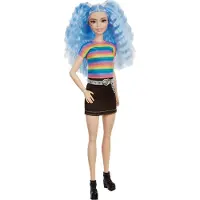 Barbie Fashionistas Puppe (blaue Haare) im Regenbogen-Shirt und Rock