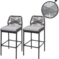 Mendler 2er-Set Rope-Barhocker HWC-O21, Outdoor Sitzpolster Seilgeflecht Metall anthrazit, Kissen hellgrau