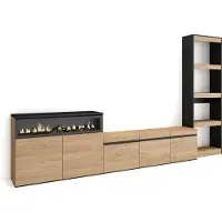 Skraut Home Wohnwand Wohnzimmer, 310x35x186cm, Für TV-Geräte bis zu 65", Elektrokamin, Eiche und Schwarz