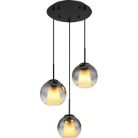 Globo Lighting Hängeleuchte Metall schwarz matt, Glaskugeln rauchfarben, klar verlaufend, Glaskristalle klar, Kabel Textil schwarz, ø: 450mm, H: 1200mm, exkl. 3x E27 40W 230V