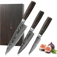 Wakoli EDIB Essentials 3er Damastmesser-Set - 20cm, 13cm & 10cm Klingen aus 67 Lagen Damaststahl - Pakkaholzgriff - Inklusive Holzbox & Fingerschutz
