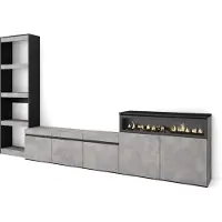 Skraut Home Wohnwand Wohnzimmer, 310x35x186cm, Für TV-Geräte bis zu 65", Elektrokamin, Zementgrau
