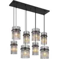 Globo Hängeleuchte Metall schwarz matt, Glasstäbe rauchfarben, Kabel PVC schwarz, LxBxH: 1100x380x1250mm, Schirm-DM: je 4 x 15 cm und 20 cm, exkl. 8x E27 60W 230V
