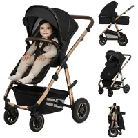 Lionelo Amber Kinderwagen 2 in 1 Kombikinderwagen, Set mit sportlichen Sitz, Fester Babywanne, Tasche, Moskitonetz, Abdeckung Regenblatt - Black Onyx