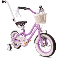 Sun baby Heart Bike Kinderfahrrad für Mädchen 12 Zoll, ab 2 Jahre, mit Stützrädern, abnehmbarer Schubstange, Korb, Klingel, Rücktrittbremse & V-Brake