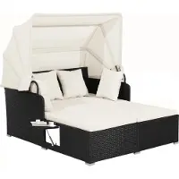 Costway Polyrattan Sonnenliege mit einziehbarem Baldachin, 2-Personen Gartenliege mit klappbaren Tablett, Sitzkissen & Rückenkissen, Gartenlounge