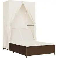 vidaXL Doppel-Sonnenliege mit Dach und Vorhängen Braun Poly Rattan