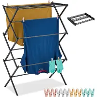 Relaxdays Wäscheständer klappbar, 11 Stangen, HxBxT: 105 x 74 x 37 cm, Metall, platzsparender Turmwäscheständer, schwarz