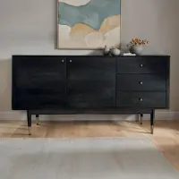 Wohnling Sideboard 160x81x42 cm Akazie Massivholz Kommode Schwarz Hoher Kommodenschrank Modern Standschrank mit 2 Türen und 3 Schubladen Anrichte