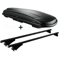 VDP Dachbox schwarz JUXT 600 großer Dachkoffer 600 Liter abschließbar + Alu-Relingträger schwarz Dachgepäckträger aufliegende Reling im Set kompatibel mit für Opel Astra Kombi 01-11