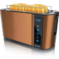 Arendo Toaster 4 Scheiben, Langschlitz, Edelstahl, 1500W, Touch-Bedienung, Display mit Restzeitanzeige, Brötchenaufsatz, Auftaufunktion, Wärmeisolierendes Gehäuse, kupfer