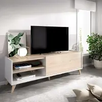 Dmora TV-Schrank Dacerbi, niedriges Sideboard für Wohnzimmer, TV-Sideboard für Wohnzimmer, 155 x 43 x 47 cm, Eiche und Weiß