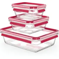 EMSA Clip & Close GLAS Frischhaltedosen, 3-tlg., Frischhaltedose, Vorratsbehälter, Vorratsdose, Transparent / Rot, 0.45 L / 0.8 L / 2 L, N10509