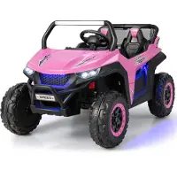 Costway 2 Sitzer Kinderauto mit 2,4G Fernbedienung, 12V Kinder UTV mit Musik und Scheinwerfer,2-4 km/h, für Kinder ab 3 Jahren Rosa