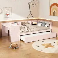 Flieks Kinderbett 90x200cm mit Ausziehbett, Einzelbett Holzbett mit Schreibtisch und Regal, Klassisches Bett für Kinderzimmer, Rosa