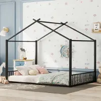 Flieks Kinderbett Hausbett 140x200cm, Bodenbett Doppelbett für Kinder mit Lattenrost, Spielbett Eisenbett für Kinderzimmer, Schwarz