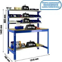 Simonwork (bancos De Trabajo) PROREGAL Werkbank BUFFALO mit Frontablage | HxBxT 84x150x76cm | Traglast 600kg | Blau