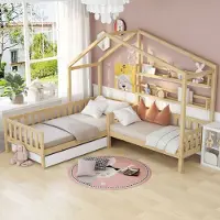 SOFTWEARY Kinderbett mit 2 Liegeflächen, 90x200cm/70x140cm, Hausbett inkl. Schublade, Lattenroste und Regale, Holzbett mit Zaun