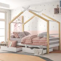 Flieks Kinderbett Hausbett mit 2 Schubladen Massivholzbett mit Lattenrost für Kinder-und Jugendzimmer, 90x200cm