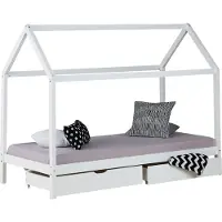 Homestyle4u Kinderbett 90x200 mit Matratze mit  Standard 100 mit  Standard 100 Kinderhaus Hausbett Weiß mit Bettkasten