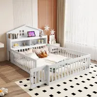 OKWISH Kinderbett 140 x 200 mit Matratze,Holzbett mit Einlegeböden und Stauraum,Jugendbett mit Schutzgitter und Lattenrost, Weiß