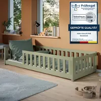 KIDS Collection Kinderbett Bodenbett 80x160 cm mit Rausfallschutz & Lattenrost Montessori Bett Gitterbett Kinder Jugendbett Einzelbett | Olivgrün weitere Größen 80x180 | 90x190 | 90x200 | 120x200 | 140x200 cm