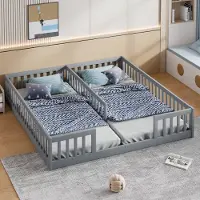 MODFU Kinderbett Holzbett 90x200cm für Familien mit zwei Kindern, Jugendbett Massivholzbett mit Gitter, Grau(Mit Lattenrost,Ohne Matratze)